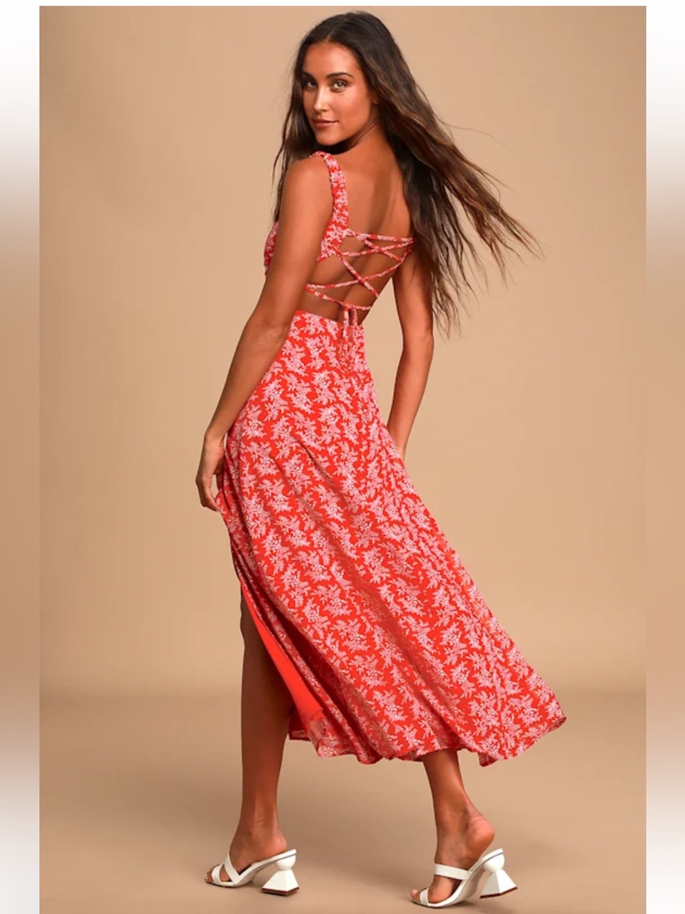 Lulus Back to Backless Red Print Lace-Up Backless Dress – Size Large